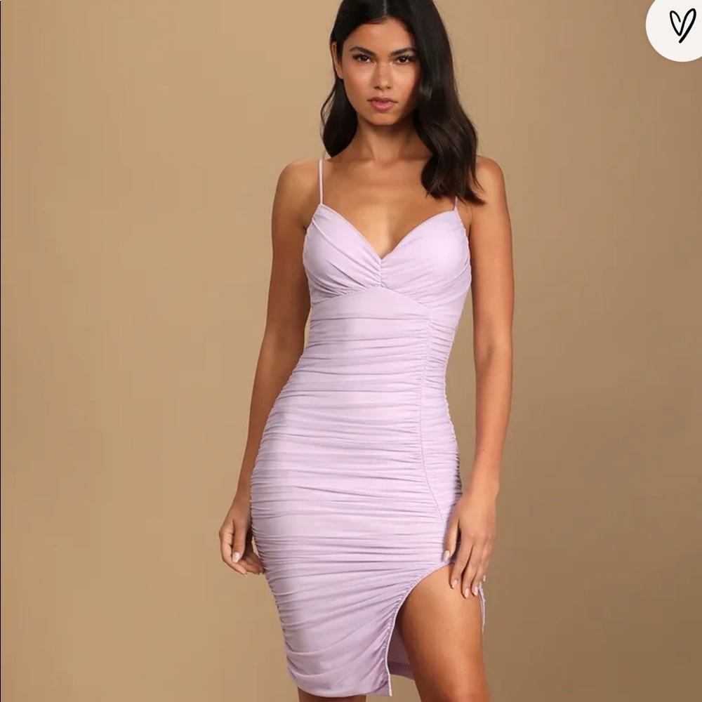 Got You Staring Lavender Ruched Mesh Bodycon Mini Dress